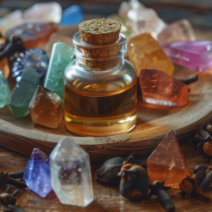 Clove essential oil and crystals in a bowl