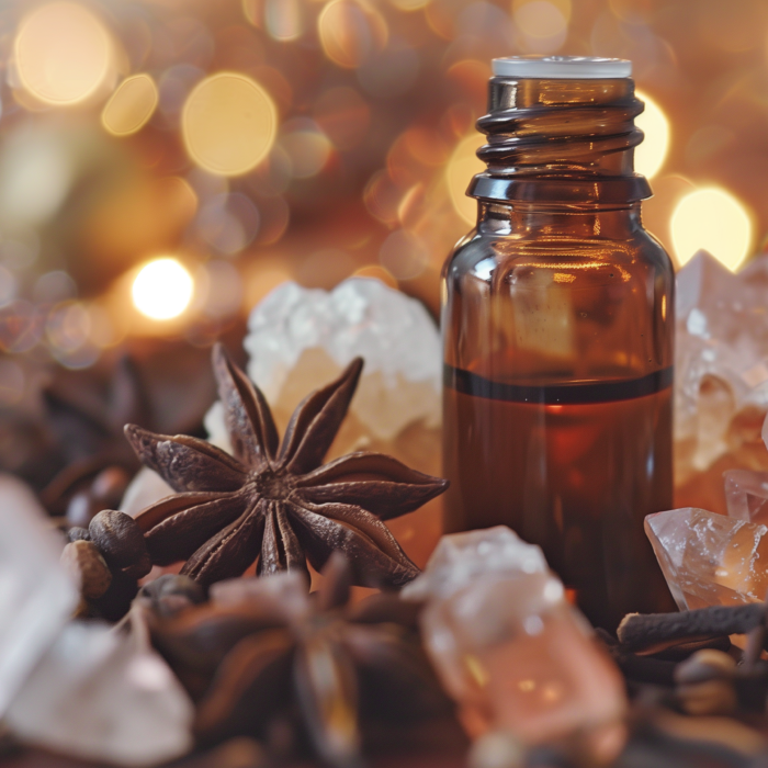 Clove essential oil, cloves, and crystals