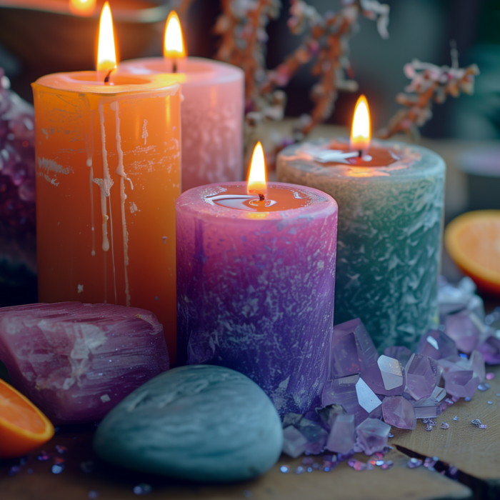 Colored candles and crystals