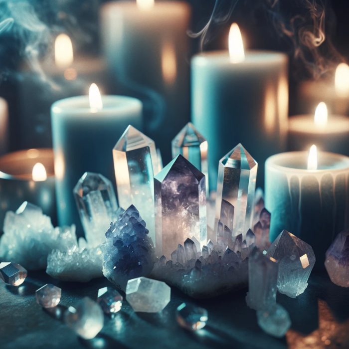 Crystals and light blue candles