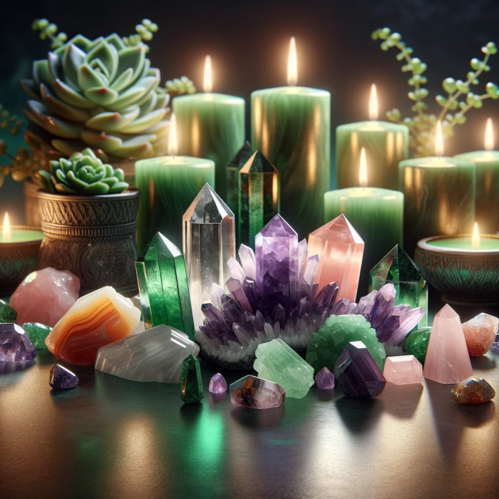 Crystals with green candles in the background