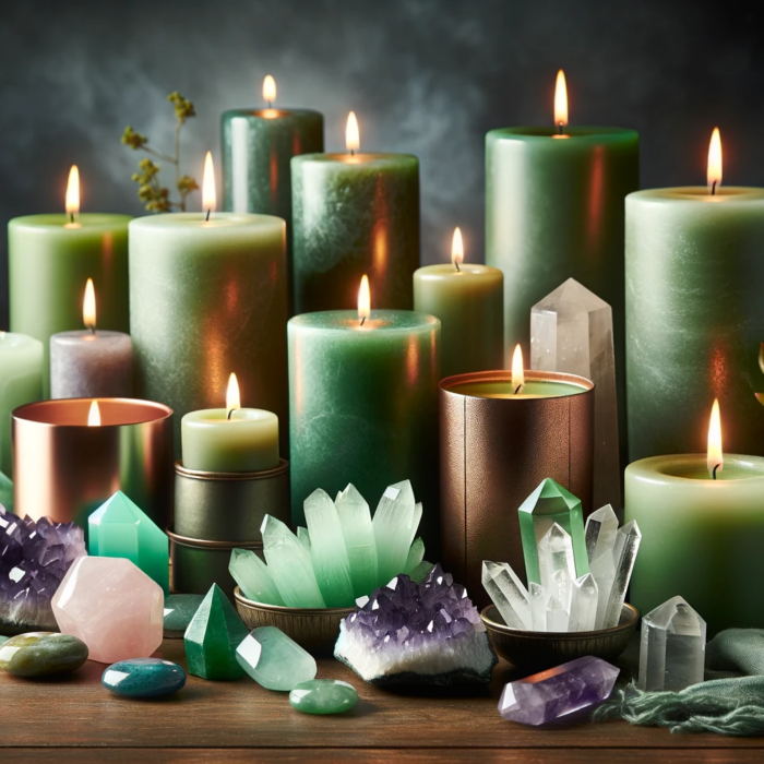 Green candles and crystals