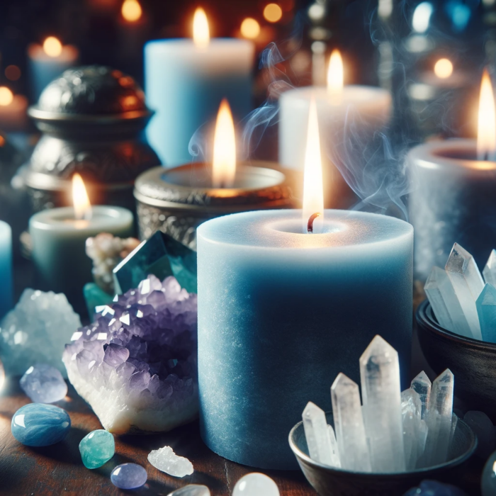 Light blue candles being lit with crystals in the foreground