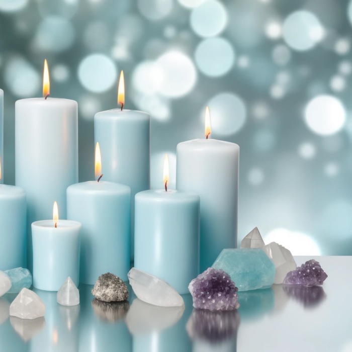 Light blue candles in front of crystals and geodes