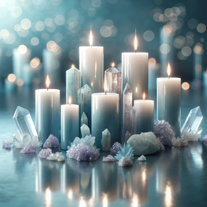 Light blue candles with crystals