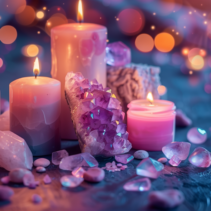 Pink candles with a bunch of crystals