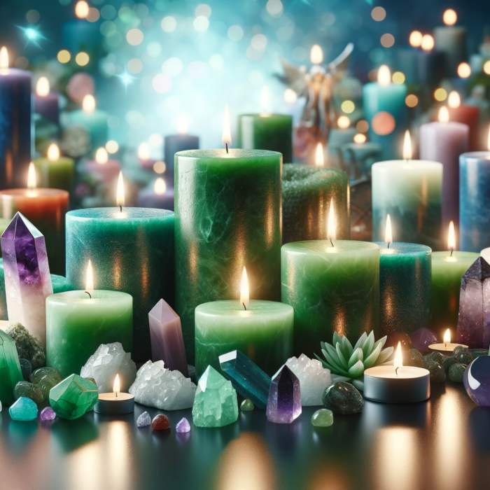 Spirituality green candles and healing crystals with different colored crystals in the background